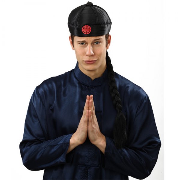 Αποκριάτικο Μαύρο Κινέζικο Καπέλο με Κοτσίδα και Κόκκινο Σύμβολο
